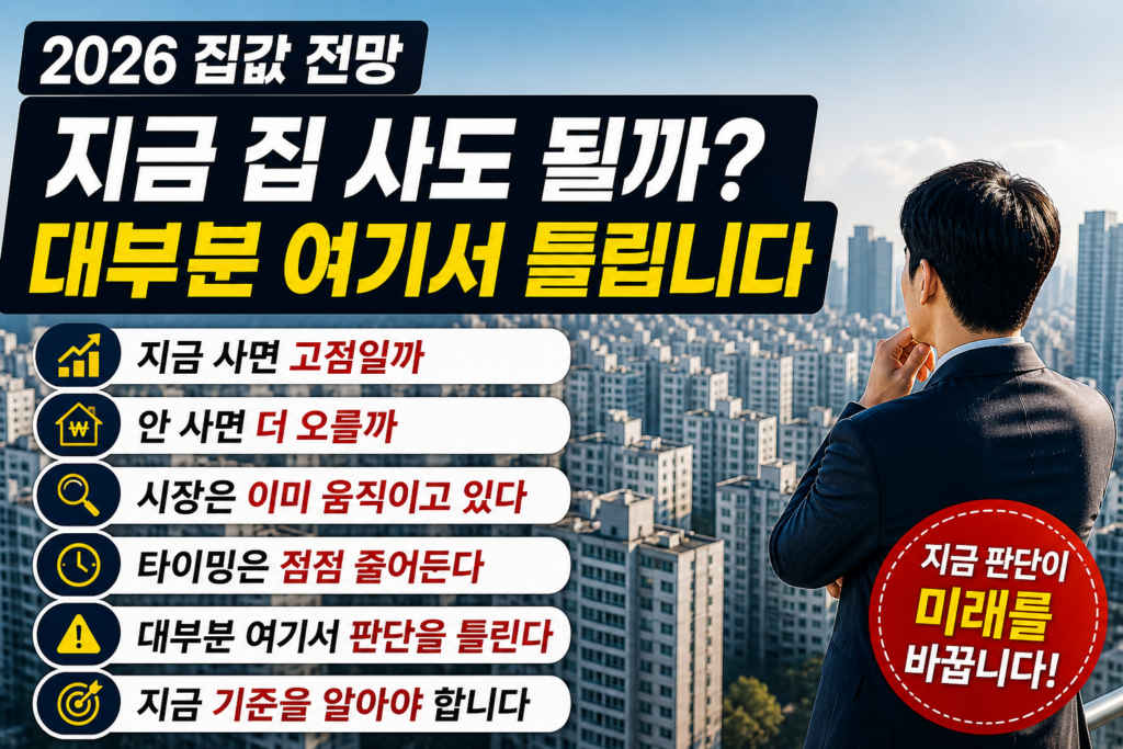 수도권 아파트 매수 타이밍을 고민하는 상황과 함께 ‘지금 집 사도 될까?’라는 질문과 집값 상승 흐름을 강조한 2026 부동산 인포그래픽 이미지
