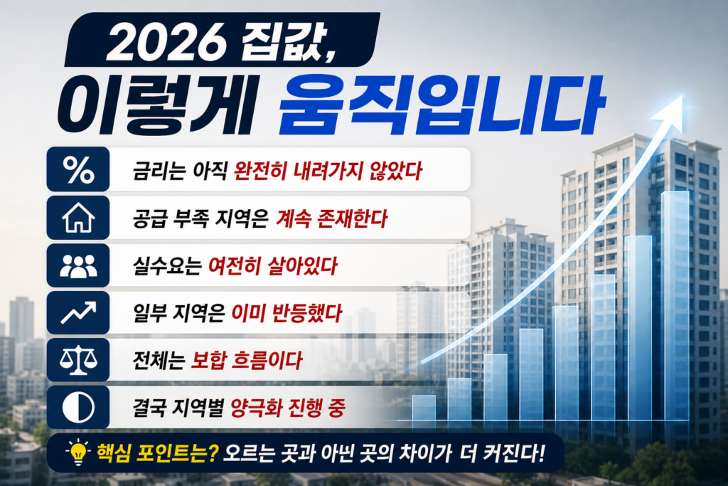 수도권 아파트 시장 흐름과 집값 양극화를 설명하며 상승과 하락이 나뉘는 구조를 강조한 2026 부동산 중간 인포그래픽 이미지
