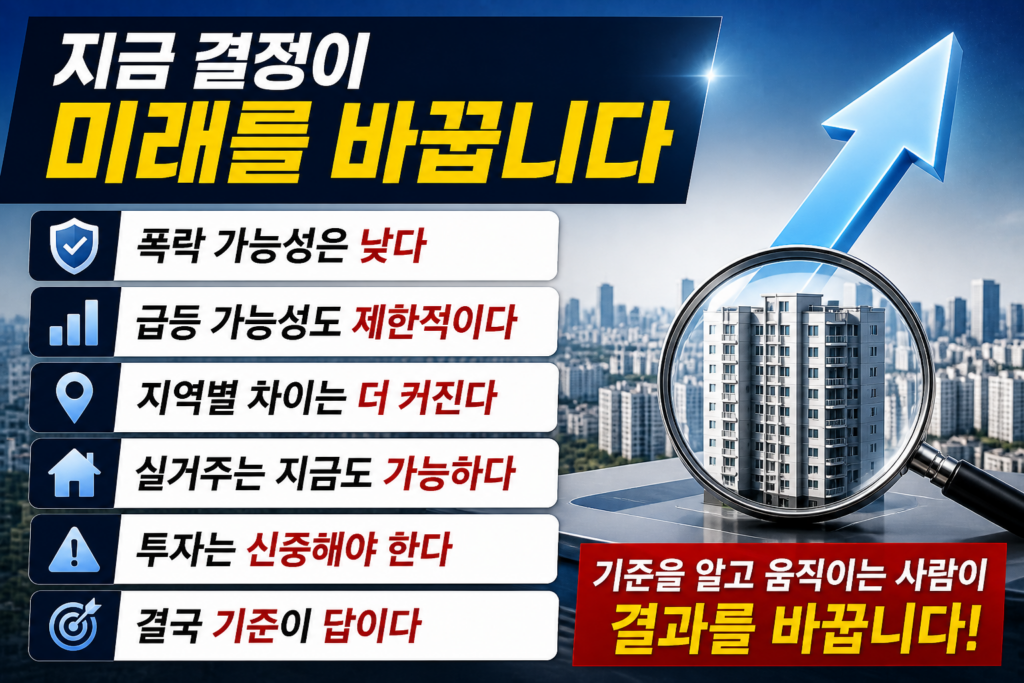 수도권 아파트 시장 전망과 투자 판단 기준을 강조하며 ‘지금 결정이 미래를 바꾼다’는 메시지를 전달하는 2026 부동산 결론 인포그래픽 이미지