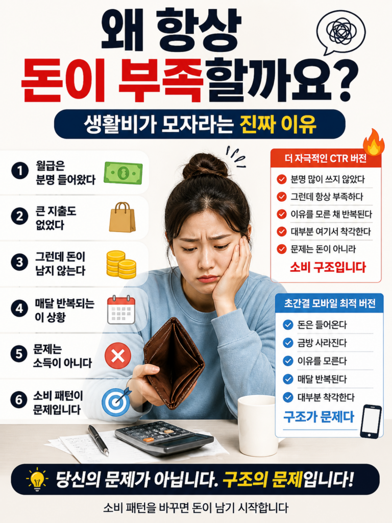 빈 지갑을 들고 고민하는 여성과 함께 ‘왜 항상 돈이 부족할까요?’라는 질문과 소비 패턴 문제를 강조한 생활비 인포그래픽 이미지
