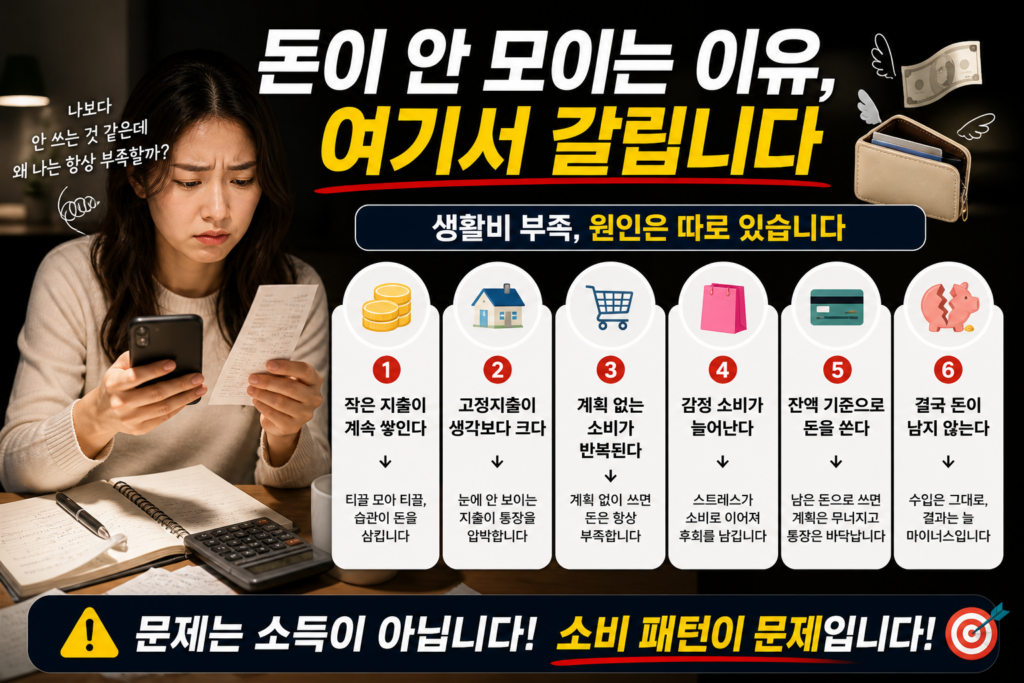 지출 내역을 확인하며 고민하는 여성과 함께 생활비 부족의 원인이 소비 패턴 구조에 있다는 점을 강조한 중간 인포그래픽 이미지