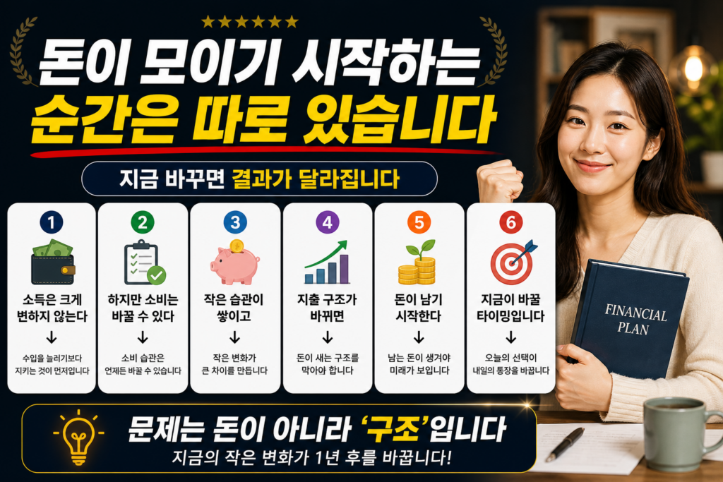 생활비 부족 문제의 해결 방법과 소비 구조 개선을 강조하며 돈이 모이기 시작하는 변화를 표현한 결론 인포그래픽 이미지