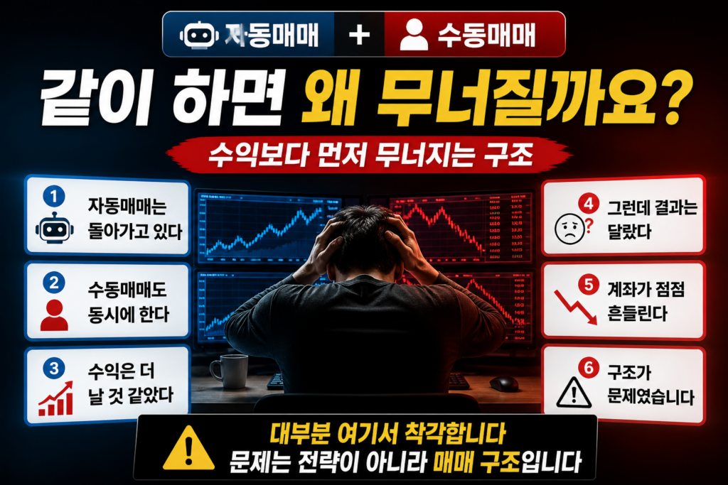 자동매매와 수동매매를 동시에 운영하다 계좌가 흔들리는 상황과 매매 구조의 문제를 강조한 트레이딩 인포그래픽 이미지