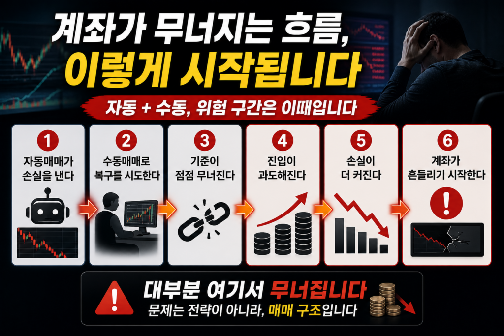 자동매매 손실 이후 수동매매 개입으로 계좌가 무너지는 과정을 단계별로 보여주며 매매 구조 문제를 강조한 중간 인포그래픽 이미지