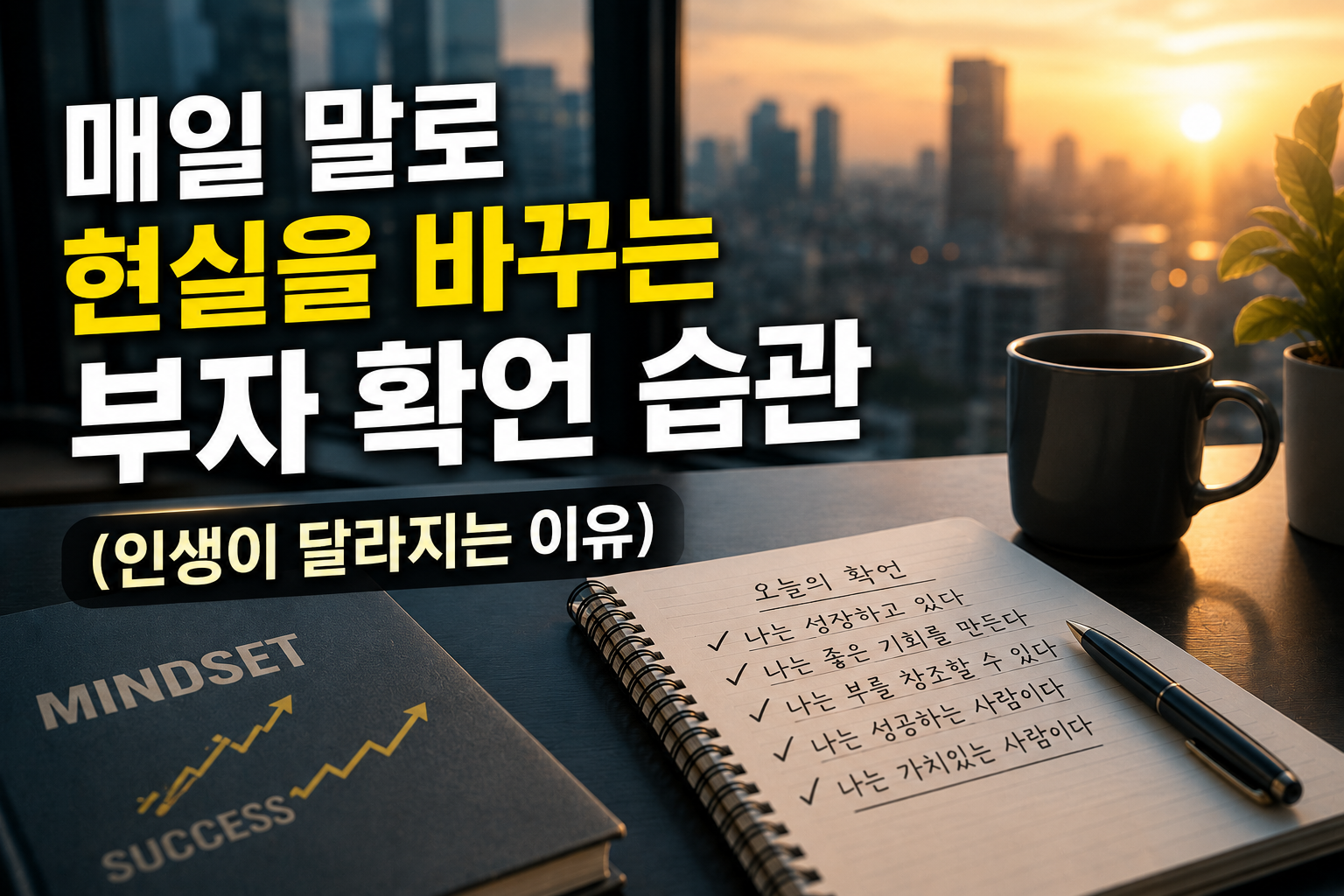노을이 비치는 도시 전망 앞에서 확언 문장이 적힌 노트와 커피잔이 놓여 있는 모습으로, 부자 마인드와 자기계발 습관을 표현한 현대적인 실물사진 스타일 인포그래픽 이미지