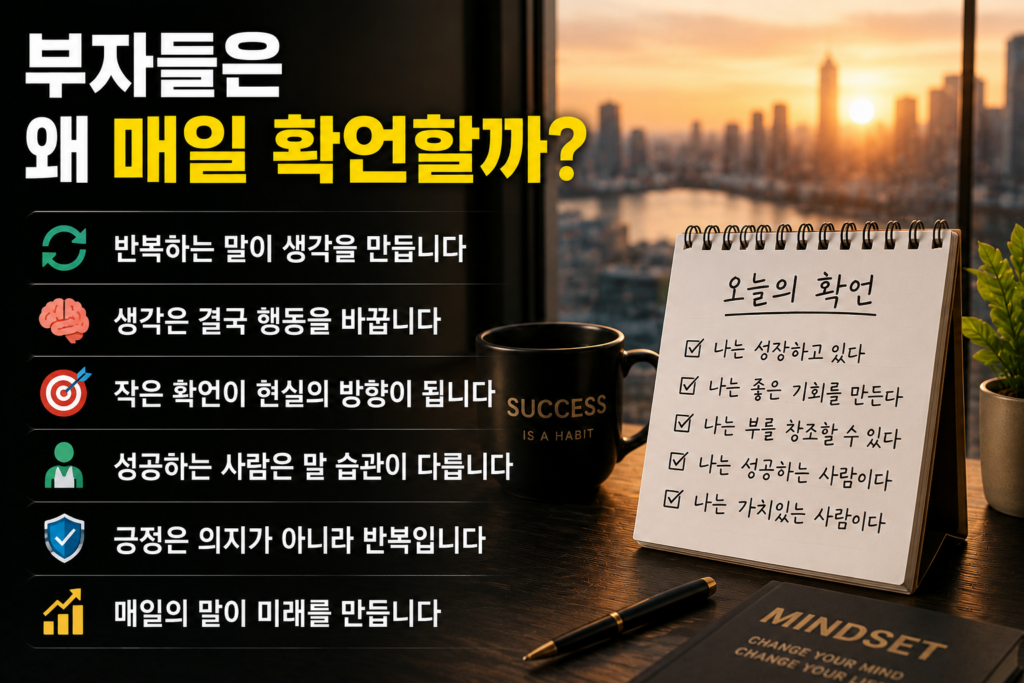 성공 확언 문장이 적힌 노트와 도시 야경이 함께 보이는 현대적인 공간에서, 부자 마인드와 자기계발 습관을 표현한 실물사진 스타일 인포그래픽 이미지