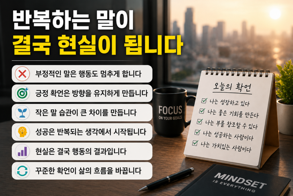 확언 문장이 적힌 노트와 성공을 상징하는 도시 야경이 함께 보이는 공간에서, 긍정적인 말 습관과 자기계발 흐름을 표현한 현대적인 실물사진 스타일 인포그래픽 이미지