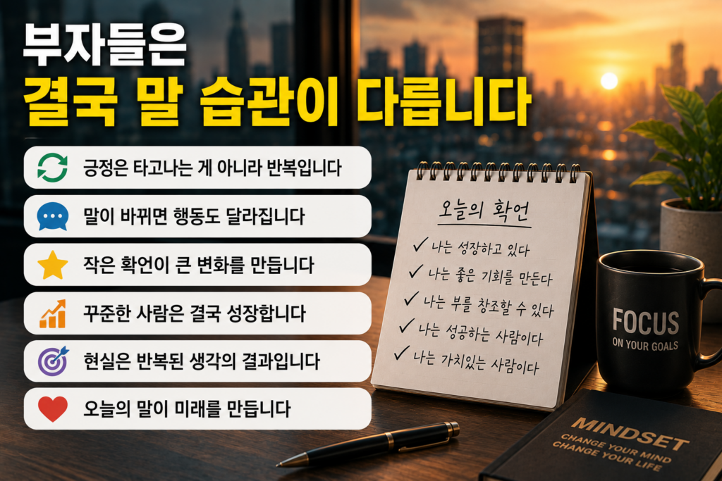노을이 비치는 도시 배경 앞에서 확언 문장이 적힌 노트와 커피잔이 놓여 있는 모습으로, 부자 마인드와 긍정적인 말 습관을 표현한 현대적인 실물사진 스타일 인포그래픽 이미지