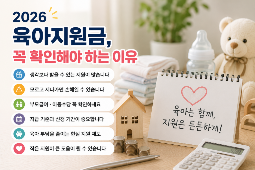 아기 용품과 계산기, 육아지원 메모장이 함께 놓인 따뜻한 분위기의 공간에서 2026 육아지원금 정보를 표현한 현대적인 실물사진 스타일 인포그래픽 이미지