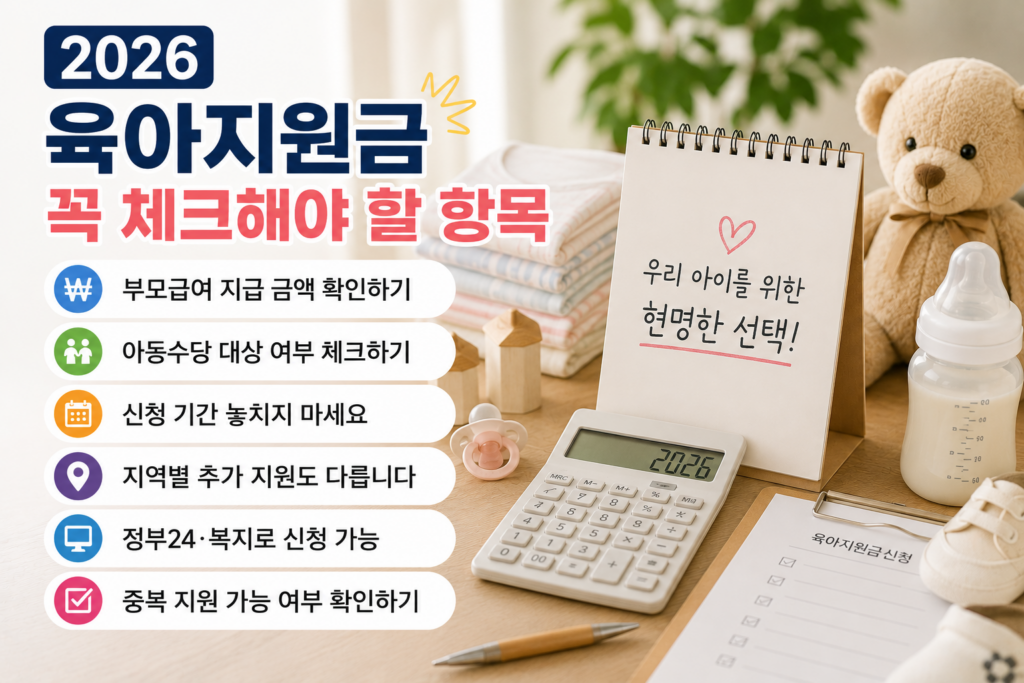 육아지원금 신청 체크리스트와 계산기, 아기 용품이 함께 놓인 책상 위 장면으로, 2026 육아지원금 신청 항목과 지급 기준을 표현한 현대적인 실물사진 스타일 인포그래픽 이미지