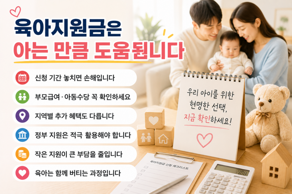 육아지원금 신청 체크리스트와 가족 모습, 아기 인형과 계산기가 함께 배치된 장면으로, 정부 육아지원 혜택과 부모 지원 제도를 표현한 현대적인 실물사진 스타일 인포그래픽 이미지