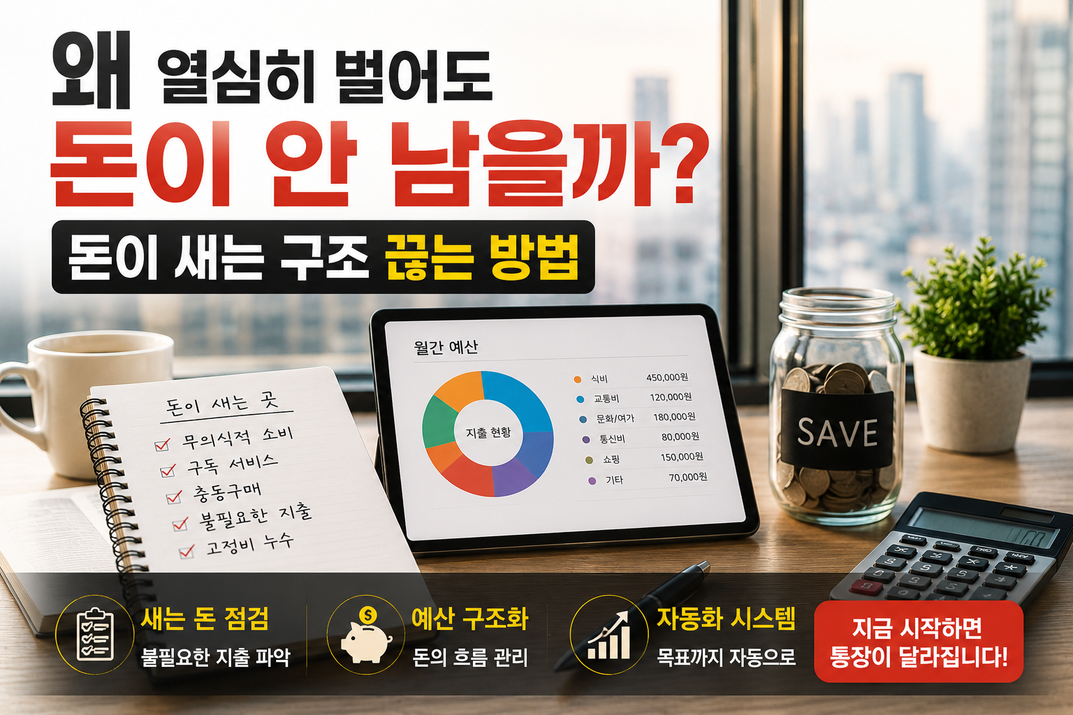 노트북 속 가계 예산 그래프와 저금통, 계산기가 함께 배치된 모습으로, 돈이 새는 소비 구조와 생활비 관리 방법을 표현한 현대적인 실물사진 스타일 썸네일 이미지