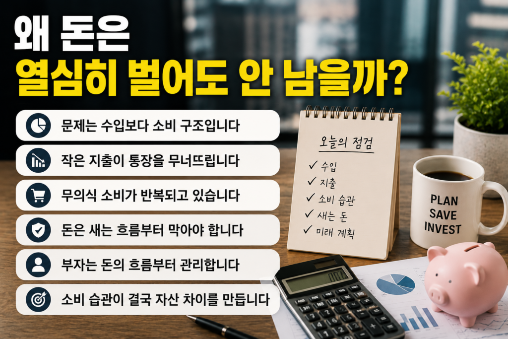 가계 예산표와 소비 체크리스트가 놓인 책상 위에서 돈의 흐름을 분석하는 장면으로, 생활비 관리와 소비 구조 문제를 표현한 현대적인 실물사진 스타일 인포그래픽 이미지