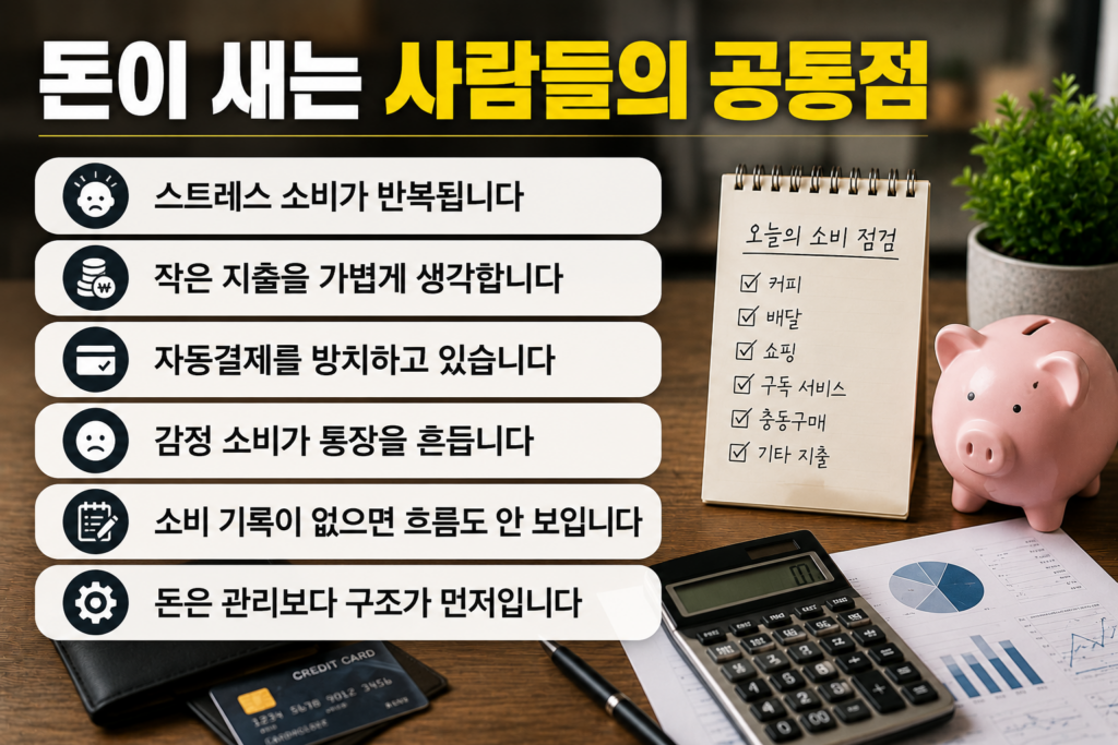 소비 체크리스트와 카드 지출 내역, 계산기와 저금통이 함께 놓인 책상 위 장면으로, 반복되는 소비 습관과 돈이 새는 구조를 표현한 현대적인 실물사진 스타일 인포그래픽 이미지