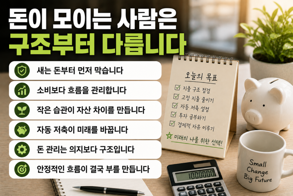 저축 목표가 적힌 노트와 저금통, 계산기가 함께 놓인 책상 위 장면으로, 돈의 흐름 관리와 소비 구조 개선을 표현한 현대적인 실물사진 스타일 인포그래픽 이미지