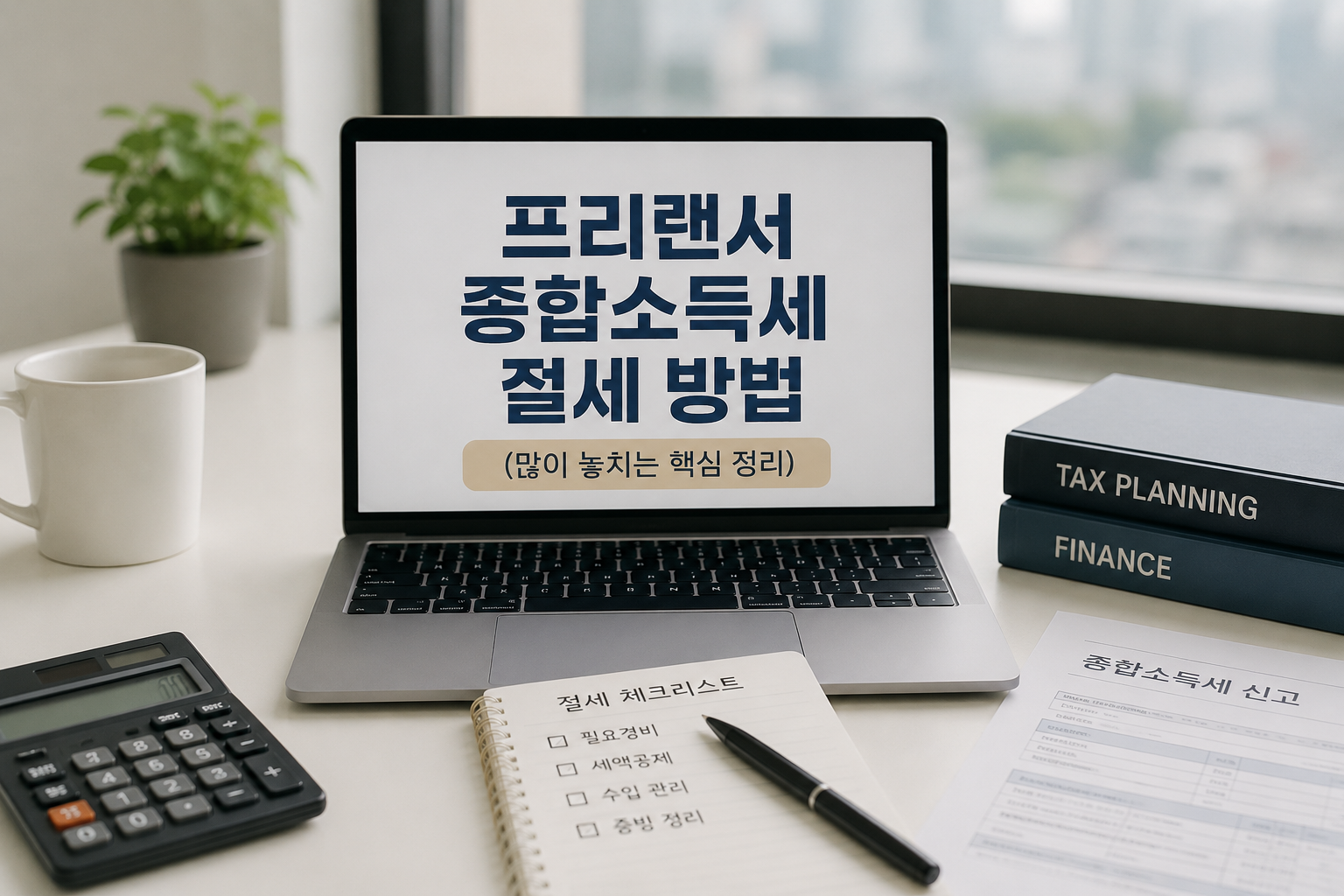 노트북 화면에 ‘프리랜서 종합소득세 절세 방법’ 문구가 크게 보이고 계산기, 세금 서류, 체크리스트 노트가 함께 놓여 있는 현대적인 홈오피스 분위기의 금융 썸네일 이미지