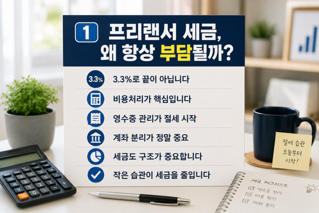 세금 서류와 노트북, 계산기, 영수증이 놓인 현대적인 사무 공간에서 ‘프리랜서 세금, 왜 항상 부담될까?’라는 문구와 절세 핵심 포인트가 강조된 금융 인포그래픽 이미지