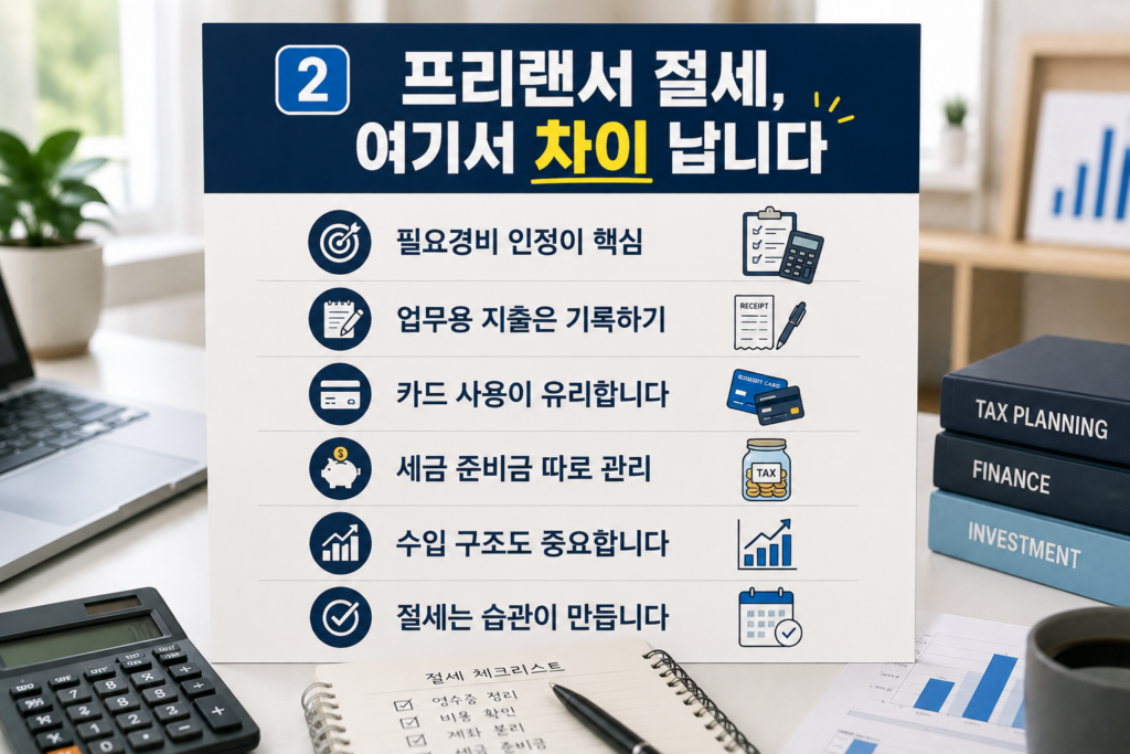 현대적인 홈오피스 공간에서 노트북, 계산기, 카드, 영수증과 함께 ‘프리랜서 절세, 여기서 차이 납니다’ 문구가 강조된 금융 절세 인포그래픽 이미지