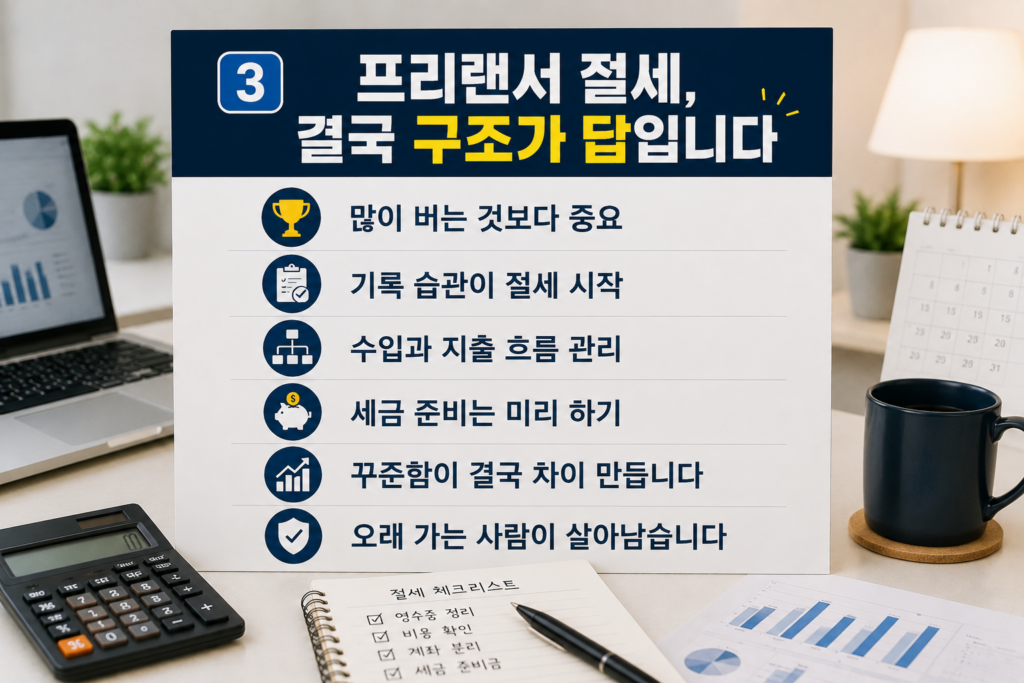현대적인 사무 공간에서 노트북, 세금 서류, 계산기와 함께 ‘프리랜서 절세, 결국 구조가 답입니다’ 문구가 강조된 금융 절세 인포그래픽 이미지