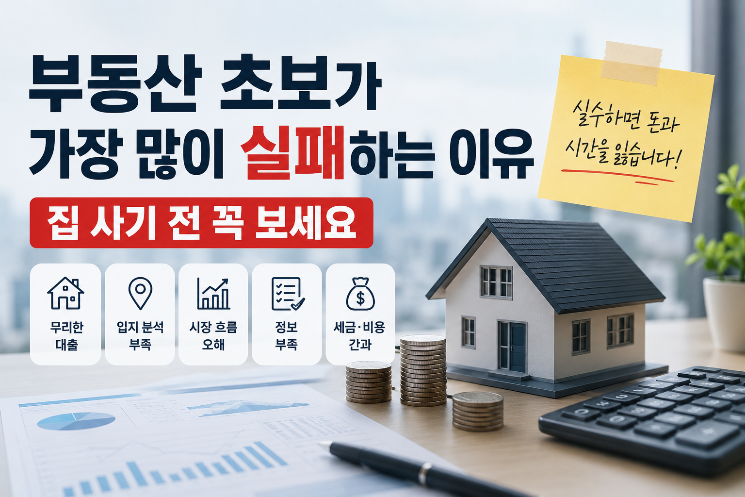 아파트 모형과 계산기, 동전, 부동산 그래프가 놓인 현대적인 책상 위에 ‘부동산 초보가 가장 많이 실패하는 이유’ 문구가 강조된 실물형 부동산 썸네일 이미지