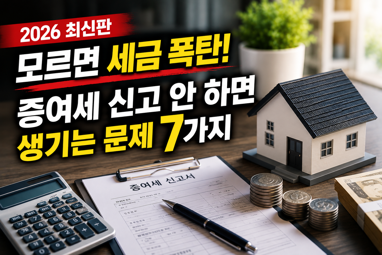증여세 신고서와 계산기, 현금 다발, 동전, 주택 모형이 함께 배치된 세금 인포그래픽 썸네일 이미지. 증여세 신고를 하지 않았을 때 발생할 수 있는 세금 추징과 가산세 위험을 강조하는 현대적인 실사 스타일 디자인.