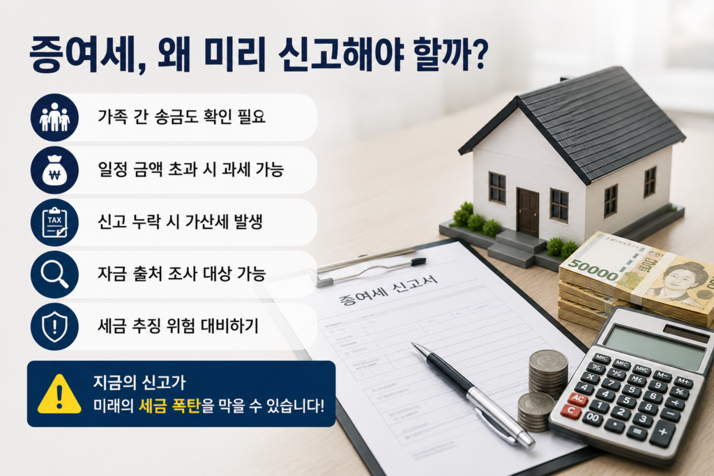 증여세 신고의 중요성을 설명하는 세금 인포그래픽 이미지. 증여세 신고서, 계산기, 현금 다발, 동전, 주택 모형이 함께 배치되어 있으며 가족 간 송금, 가산세, 자금 출처 조사, 세금 추징 위험 등을 안내하는 현대적인 실사 스타일 이미지.