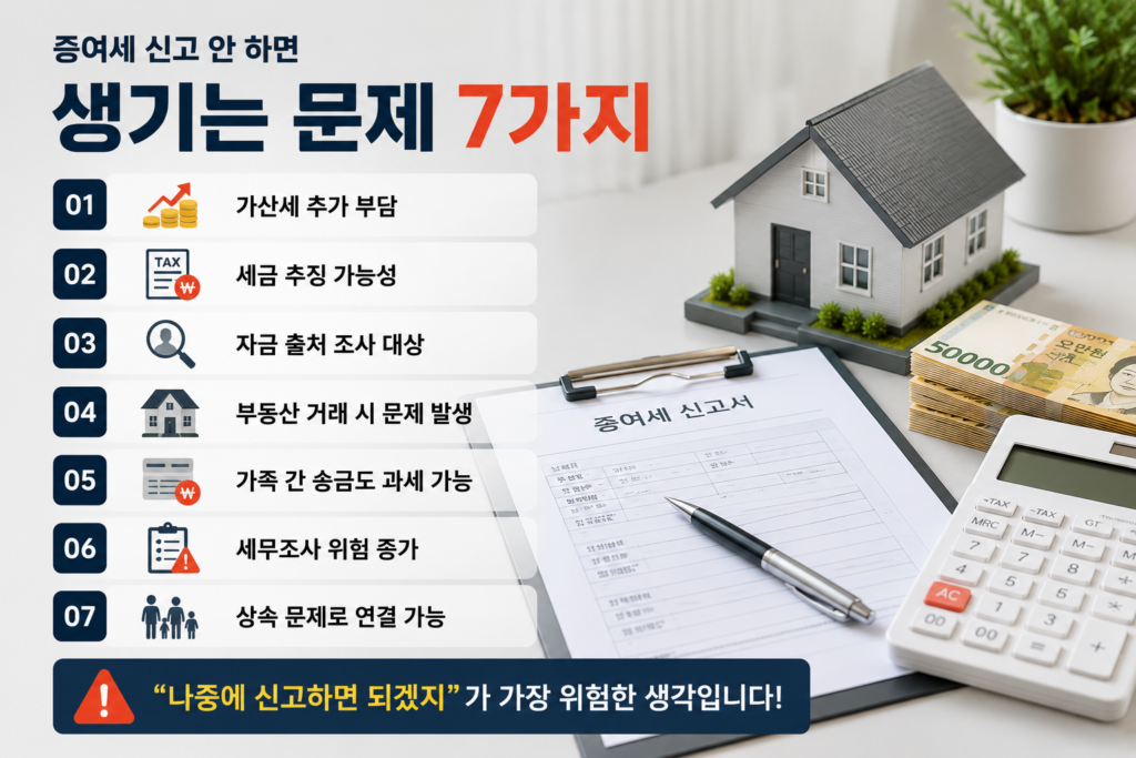 증여세 신고 누락 시 발생할 수 있는 문제를 설명하는 세금 인포그래픽 이미지. 증여세 신고서, 계산기, 현금 다발, 경고 아이콘, 주택 모형이 함께 배치되어 있으며 가산세, 세금 추징, 자금 출처 조사 등 주요 위험 요소를 보여주는 현대적인 실사 스타일 이미지.