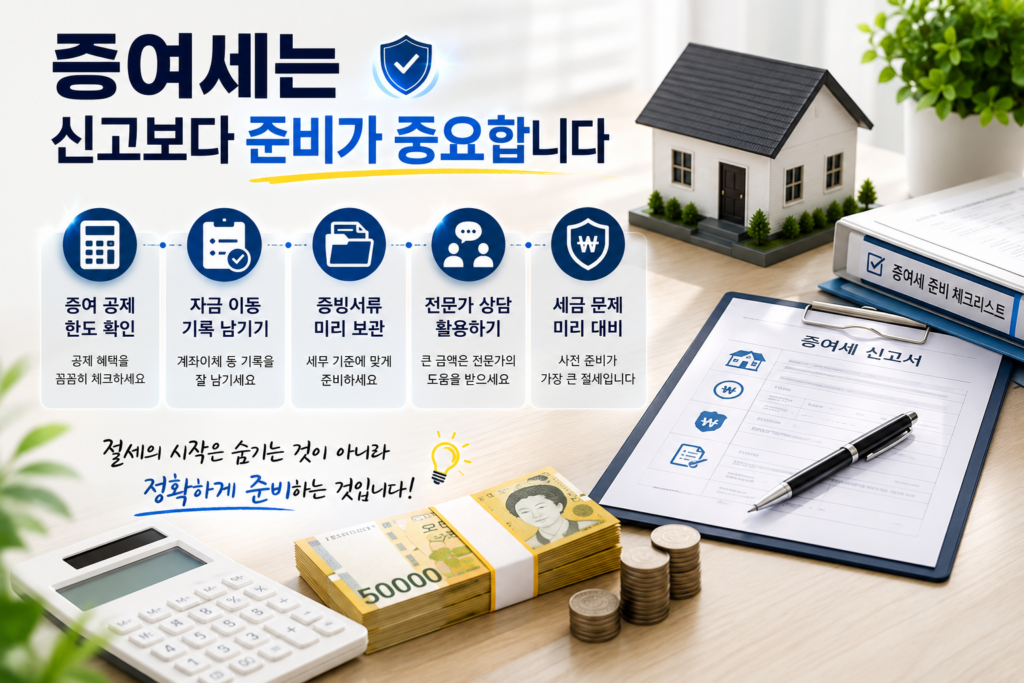 증여세 절세 준비 방법을 설명하는 세금 인포그래픽 이미지. 증여세 신고서, 계산기, 현금 다발, 주택 모형, 체크리스트가 함께 배치되어 있으며 증여 공제 한도 확인, 자금 이동 기록, 증빙서류 보관 등 사전 준비의 중요성을 강조하는 현대적인 실사 스타일 이미지.
