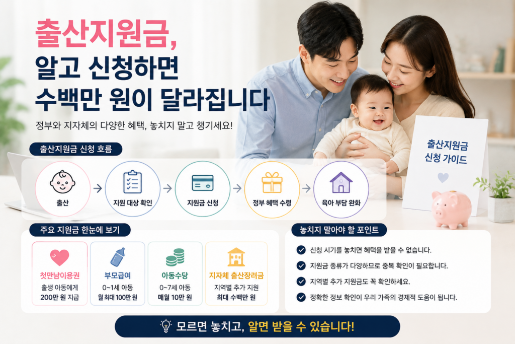 아기를 안고 있는 행복한 부모와 함께 출산지원금 신청 절차, 부모급여, 첫만남이용권, 아동수당, 지자체 출산장려금 정보를 한눈에 보여주는 현대적인 실물사진 인포그래픽 이미지. 밝고 따뜻한 가족 분위기와 함께 정부 지원 혜택을 시각적으로 설명한 육아·출산 정책 콘텐츠용 디자인.