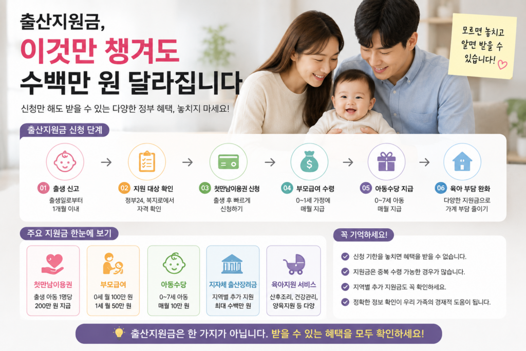 출산지원금 신청 절차와 주요 정부 지원 혜택을 단계별로 보여주는 현대적인 실물사진 인포그래픽 이미지. 아기를 안고 있는 행복한 가족과 함께 첫만남이용권, 부모급여, 아동수당, 지자체 출산장려금이 시각적으로 정리되어 있으며 육아 비용 부담 완화를 표현한 디자인.