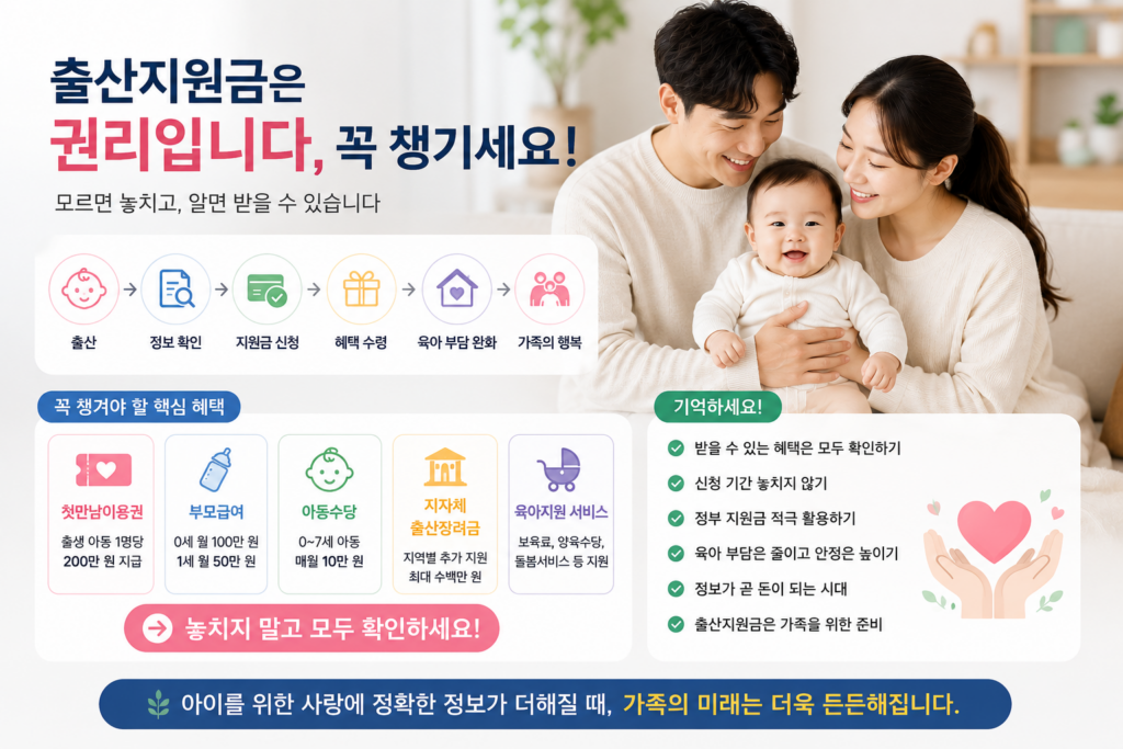 아기를 안고 있는 행복한 가족과 함께 출산지원금 신청, 정부 혜택 수령, 육아 부담 완화 과정을 보여주는 현대적인 실물사진 인포그래픽 이미지. 밝고 따뜻한 가정 환경 속에서 부모급여, 첫만남이용권, 아동수당 등 주요 출산 혜택을 상징하는 아이콘과 지원금 흐름이 시각적으로 표현된 디자인.