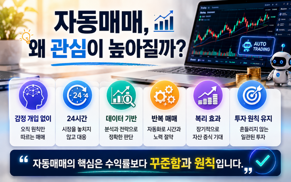 주식 차트와 디지털 데이터 그래프가 배경으로 보이는 미래형 투자 환경에서 ‘자동매매, 왜 관심이 높아질까?’라는 제목 아래 자동매매의 핵심 장점을 정리한 전체 화면형 인포그래픽 이미지. 감정 없는 매매, 24시간 시장 대응, 데이터 기반 투자, 반복 매매 자동화, 복리 효과 기대, 투자 원칙 유지 등의 내용이 아이콘과 함께 표현되어 있다.
