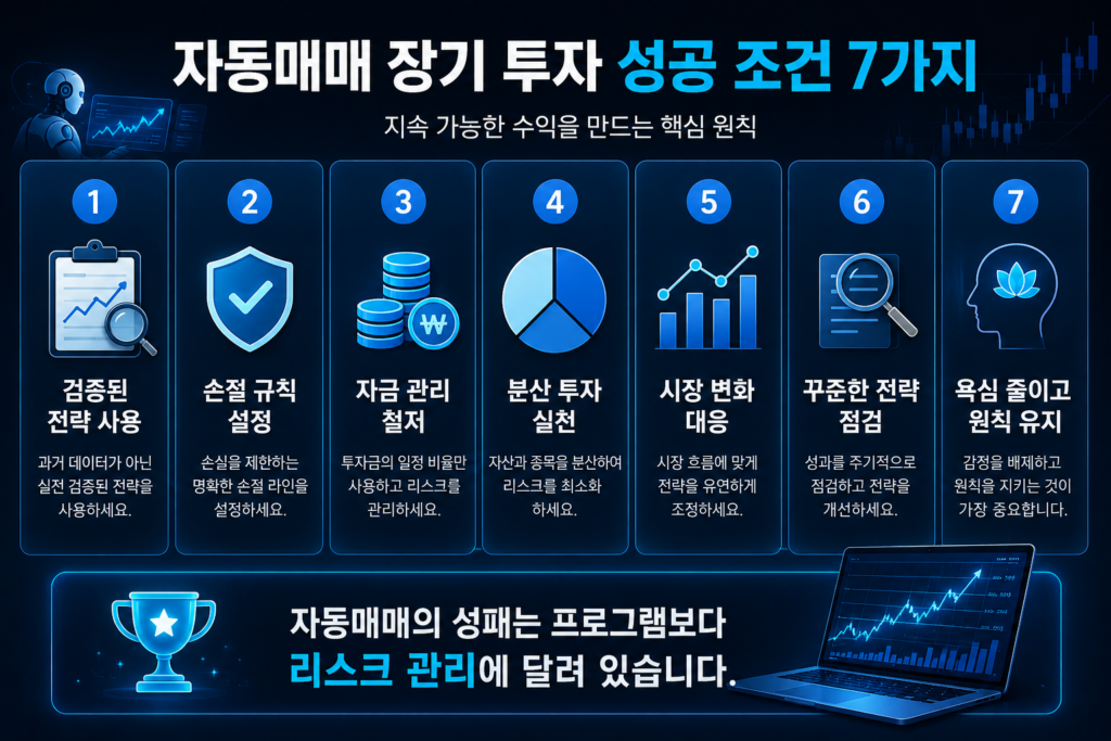 어두운 블루 톤의 미래형 투자 배경 위에 ‘자동매매 장기 투자 성공 조건 7가지’가 정리된 전체 화면형 인포그래픽 이미지. 검증된 전략 사용, 손절 규칙 설정, 자금 관리, 분산 투자, 시장 변화 대응, 전략 점검, 원칙 유지 등의 핵심 요소가 아이콘과 함께 시각적으로 표현되어 있다.