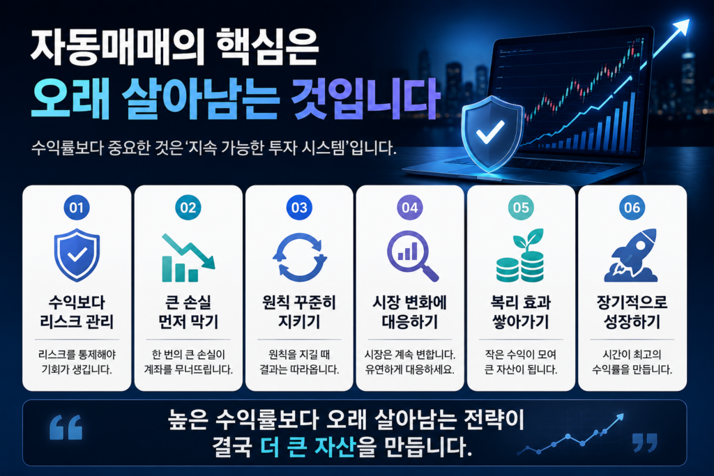 어두운 블루 톤의 미래형 금융 배경 위에 ‘자동매매의 핵심은 오래 살아남는 것입니다’라는 제목이 강조된 전체 화면형 인포그래픽 이미지. 리스크 관리, 손실 방어, 원칙 유지, 시장 대응, 복리 효과, 장기 성장 등의 핵심 요소가 아이콘과 함께 정리되어 있으며, 노트북의 상승 차트와 보호 방패 이미지가 안정적인 투자 시스템을 상징한다.