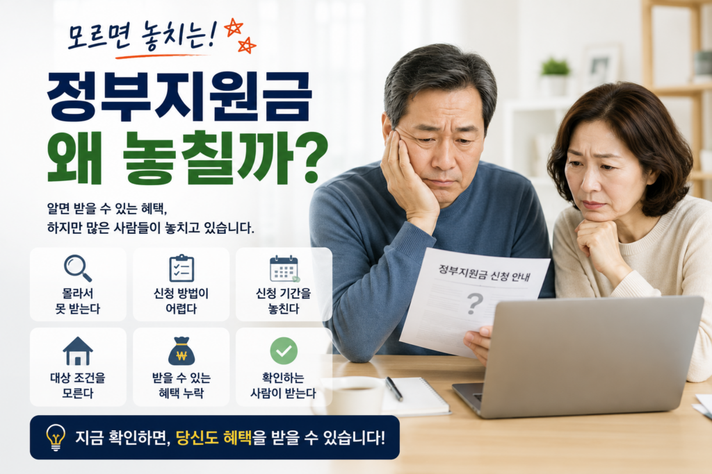 정부지원금 신청 안내문과 노트북을 보며 고민하는 중장년 부부의 모습. 왼쪽에는 "정부지원금 왜 놓칠까?"라는 문구와 함께 신청 기간 놓침, 대상 조건 미확인, 신청 방법 어려움 등의 이유가 아이콘으로 정리된 현대적인 실사형 인포그래픽 이미지.