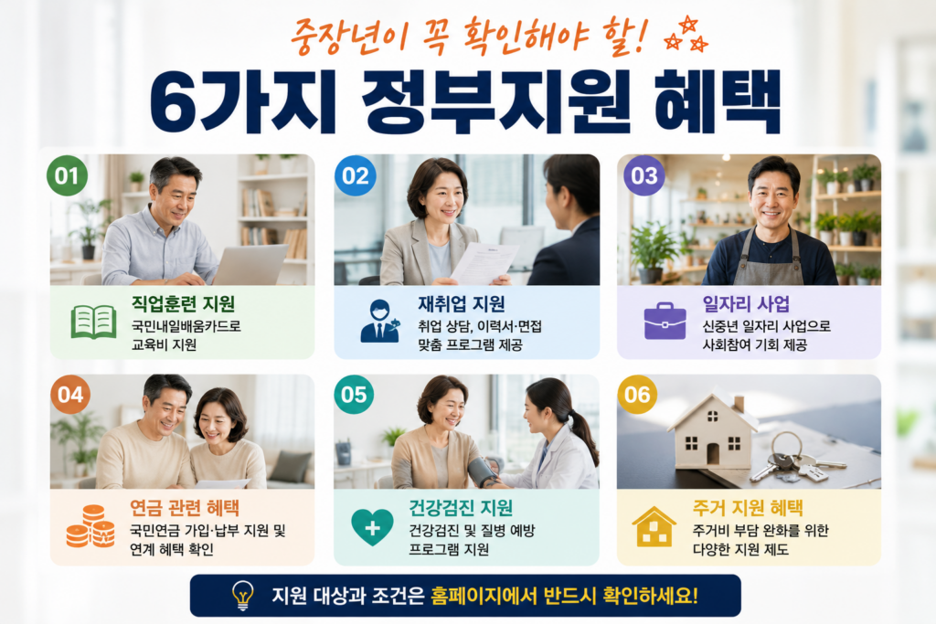 중장년층을 위한 정부지원 혜택 6가지를 소개하는 현대적인 실사형 인포그래픽. 직업훈련 지원, 재취업 지원, 신중년 일자리 사업, 국민연금 관련 혜택, 건강검진 지원, 주거 지원 혜택이 실제 인물 사진과 아이콘으로 구성되어 있으며, 밝고 신뢰감 있는 분위기의 정보형 이미지.