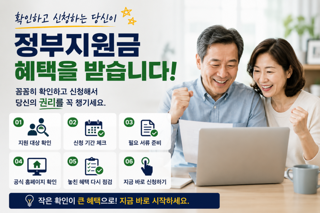 노트북과 서류를 보며 정부지원금 신청 결과를 확인하는 중장년 부부의 밝은 모습. 지원 대상 확인, 신청 기간 체크, 필요 서류 준비, 공식 홈페이지 확인, 혜택 점검, 신청 완료 등 정부지원금 신청 절차가 아이콘과 함께 정리된 현대적인 실사형 인포그래픽 이미지.