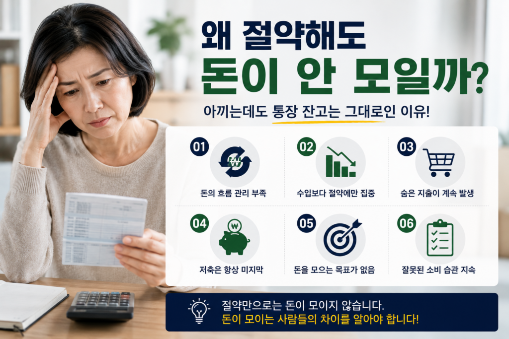 통장과 가계 내역서를 보며 고민하는 중장년 여성의 모습과 함께 "왜 절약해도 돈이 안 모일까?"라는 문구가 강조된 현대적인 재테크 인포그래픽. 돈의 흐름 관리 부족, 수입보다 절약에 집중, 숨은 지출 발생, 저축 부족, 목표 부재, 소비 습관 문제 등 돈이 모이지 않는 원인을 아이콘과 함께 정리한 실사형 이미지.