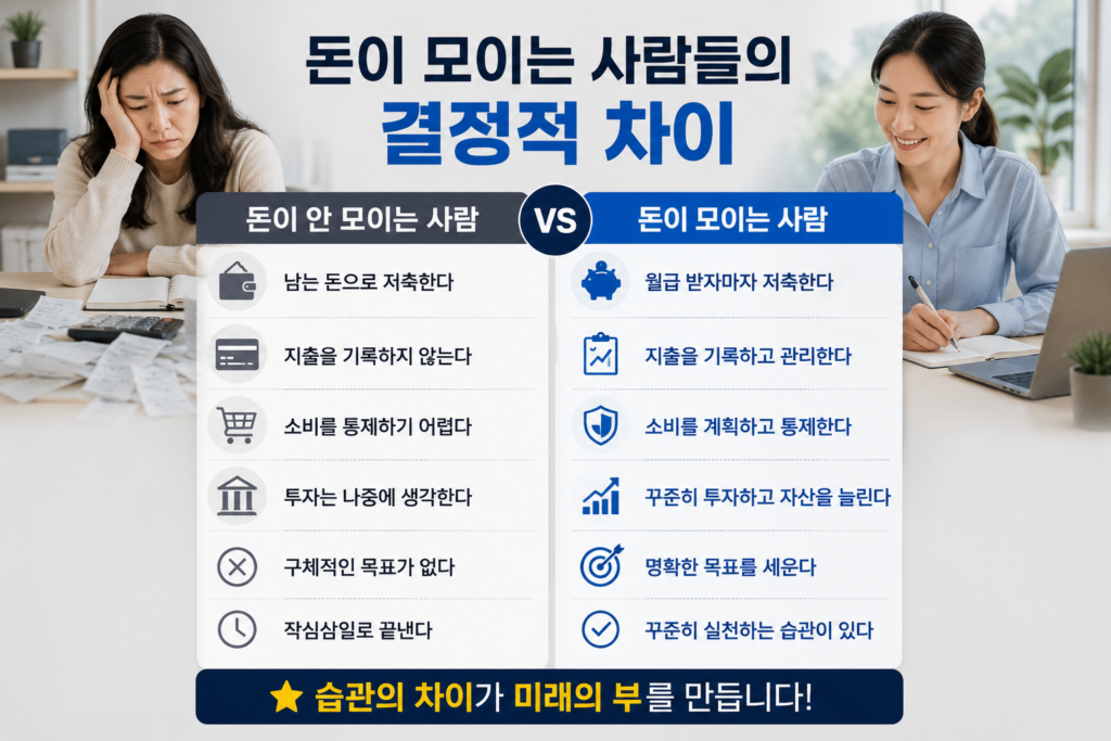 가계부와 노트북을 보며 자산 관리를 하는 중장년 직장인의 모습. 화면에는 저축, 투자, 고정비 관리, 목표 설정, 소비 통제 등을 상징하는 그래프와 아이콘이 배치되어 있으며, 돈이 모이는 사람들의 공통 습관을 설명하는 현대적인 실사형 재테크 인포그래픽 이미지.