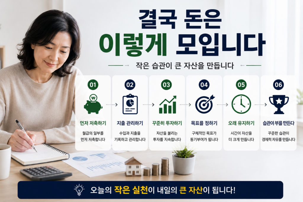 가계부를 작성하며 자산 관리를 하는 중장년 여성의 모습과 함께 "결국 돈은 이렇게 모입니다"라는 문구가 강조된 현대적인 재테크 인포그래픽. 선저축, 지출 관리, 꾸준한 투자, 목표 설정, 장기 유지, 성공적인 자산 형성 과정을 아이콘과 함께 단계별로 설명한 실사형 이미지.