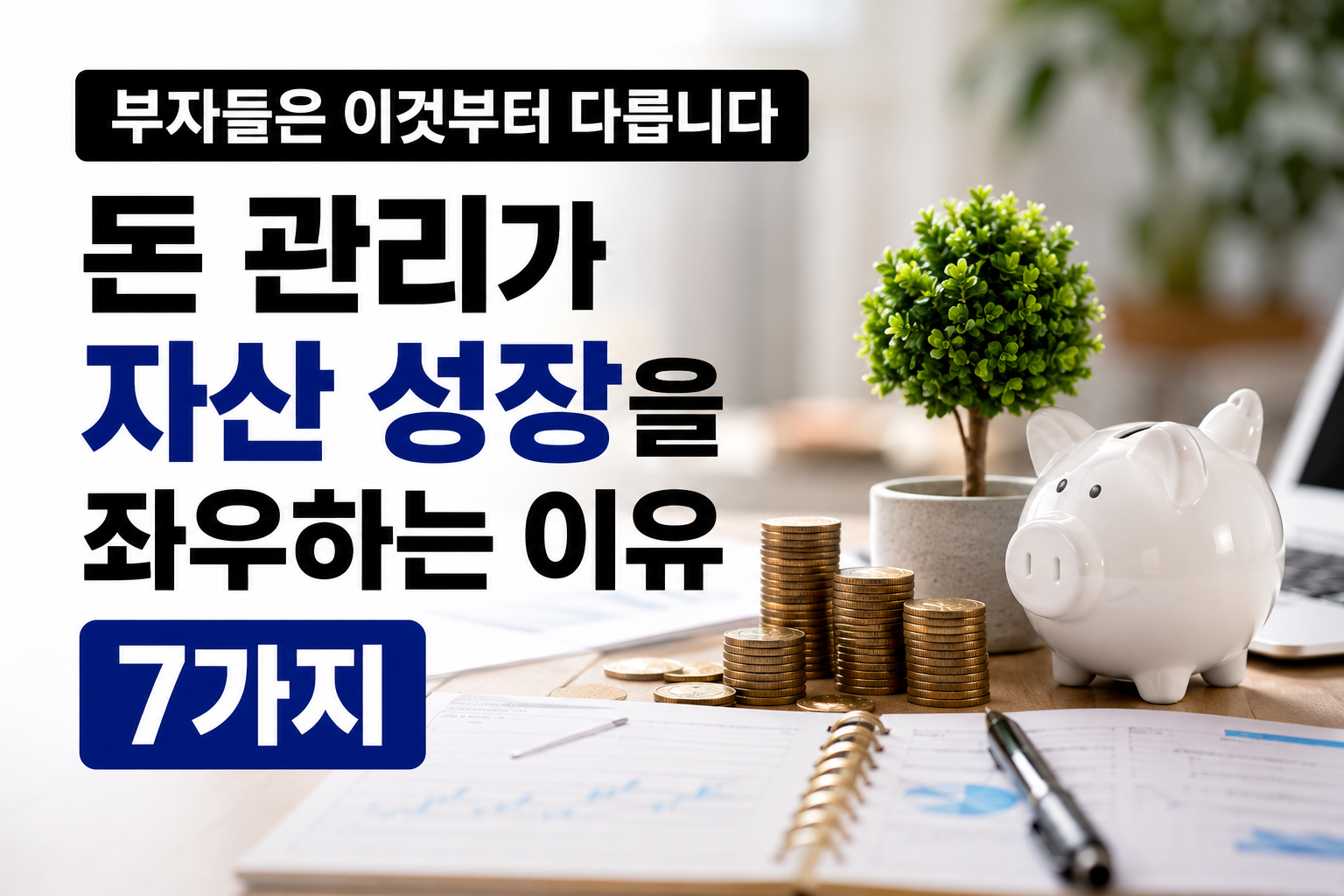돼지저금통과 동전, 가계부, 재무 차트가 놓인 책상 위를 배경으로 "돈 관리가 자산 성장을 좌우하는 이유 7가지"라는 문구가 강조된 현대적인 재테크 썸네일. 자산관리와 돈 관리의 중요성을 상징하는 금융 요소들이 배치된 실사형 이미지.