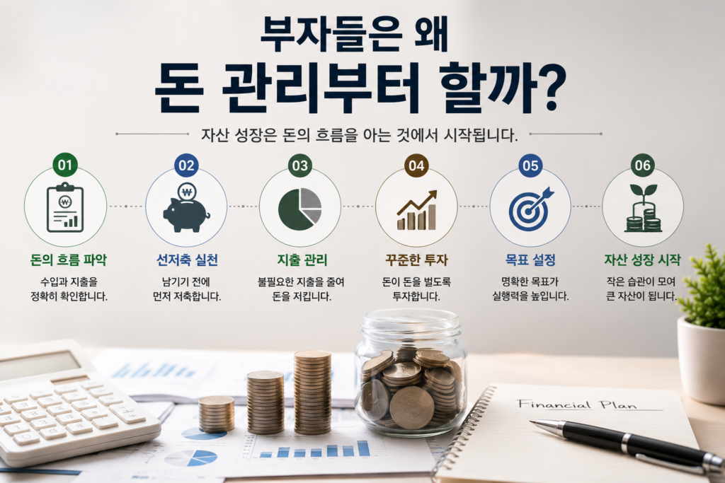 동전이 쌓여 있는 저금통과 재무 계획 노트, 계산기가 놓인 책상을 배경으로 "부자들은 왜 돈 관리부터 할까?"라는 문구가 강조된 현대적인 재테크 인포그래픽. 돈의 흐름 파악, 선저축 실천, 지출 관리, 꾸준한 투자, 목표 설정, 자산 성장 과정을 아이콘과 함께 단계별로 설명한 실사형 이미지.