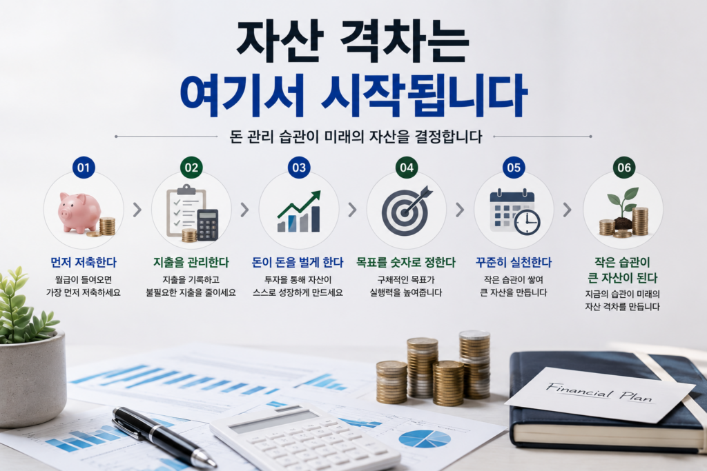 "자산 격차는 여기서 시작됩니다"라는 제목 아래 돈 관리 습관을 단계별로 설명하는 현대적인 재테크 인포그래픽. 먼저 저축하기, 지출 관리하기, 투자하기, 목표 설정하기, 꾸준히 실천하기, 자산 성장하기의 과정을 아이콘과 함께 표현했으며, 동전, 재무 계획 노트, 계산기, 금융 차트가 배치된 실사형 이미지.
