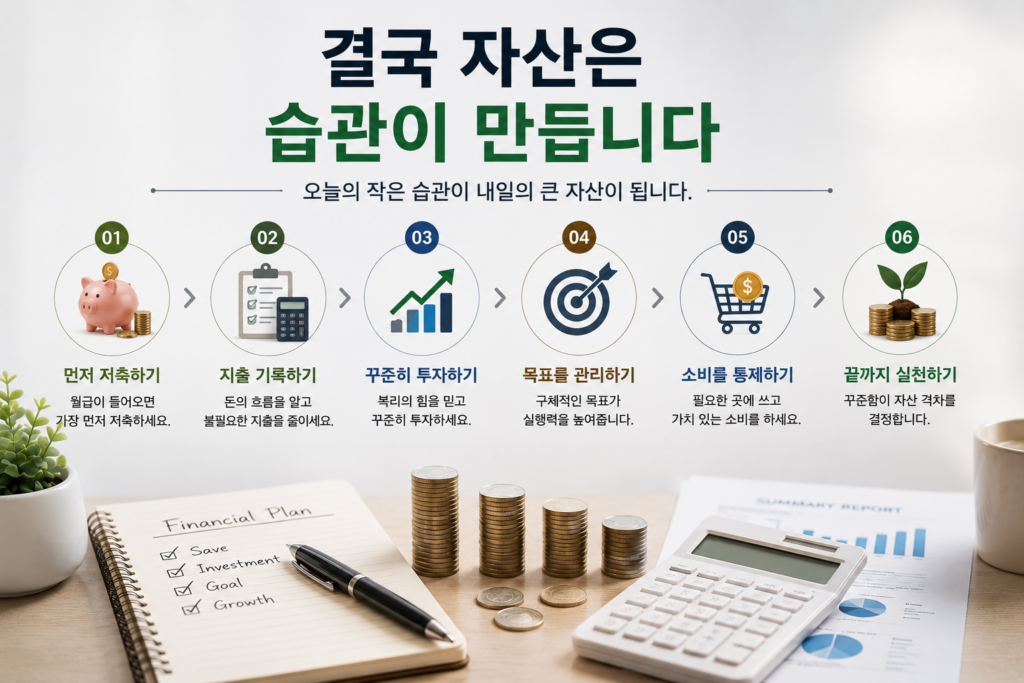 "결국 자산은 습관이 만듭니다"라는 제목 아래 선저축, 지출 기록, 꾸준한 투자, 목표 관리, 소비 통제, 지속적인 실천 과정을 단계별로 설명하는 현대적인 재테크 인포그래픽. 책상 위에는 동전, 재무계획 노트, 계산기, 투자 보고서가 놓여 있으며 자산 성장의 과정을 시각적으로 표현한 실사형 이미지.