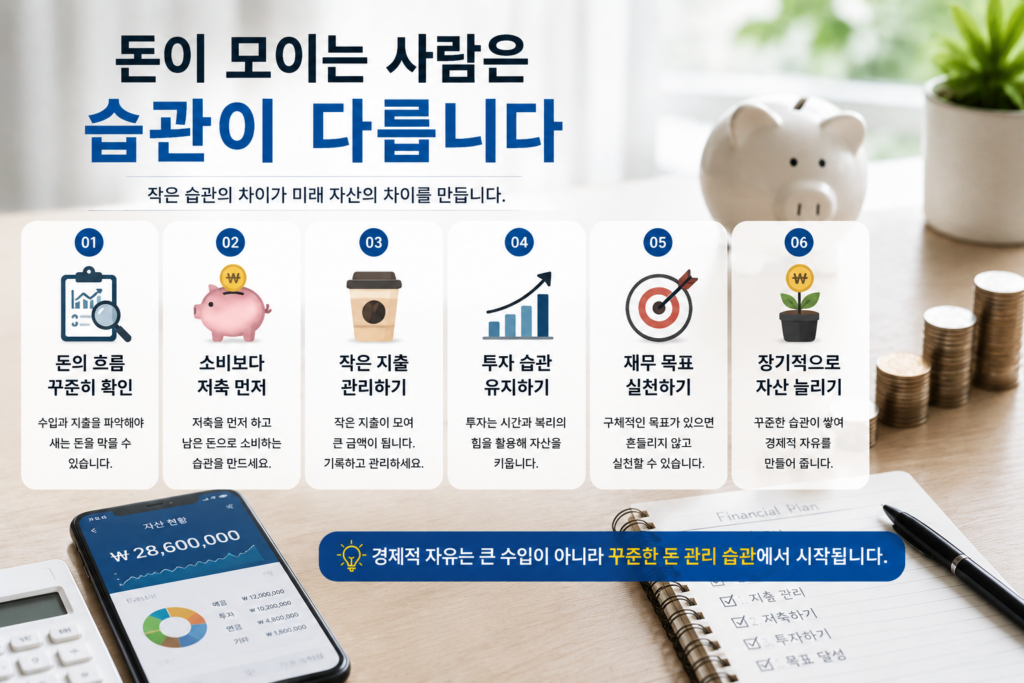 돈이 모이는 사람들의 핵심 습관을 설명하는 현대적인 실사형 인포그래픽 이미지. 저금통, 동전 더미, 자산 현황이 표시된 스마트폰, 재무 계획 노트, 계산기가 배치된 재테크 환경 속에서 돈의 흐름 확인, 선저축, 작은 지출 관리, 투자 습관 유지, 재무 목표 실천, 장기 자산 증식 등의 핵심 내용이 아이콘과 함께 정리된 디자인.