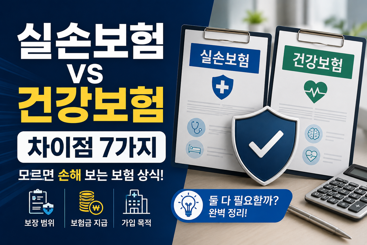 실손보험과 건강보험의 차이점을 비교 설명하는 현대적인 보험 썸네일 이미지. 실손보험과 건강보험 문서가 나란히 배치되어 있으며, 보장 범위, 보험금 지급 방식, 가입 목적 등을 상징하는 아이콘과 방패 이미지가 함께 표현된 실사형 보험 콘텐츠.