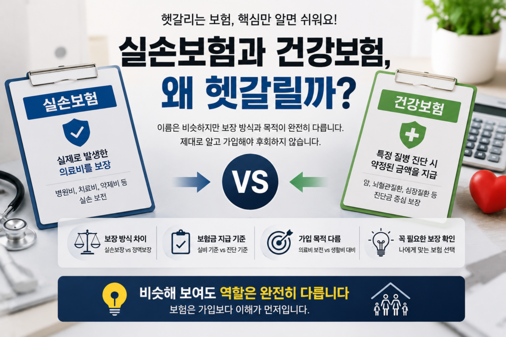 실손보험과 건강보험의 차이를 비교 설명하는 현대적인 보험 인포그래픽 이미지. 실손보험과 건강보험 서류가 나란히 배치되어 있으며, 실제 의료비 보장과 정액 보장의 차이, 보험금 지급 기준, 가입 목적 등을 아이콘과 함께 시각적으로 표현한 실사형 보험 콘텐츠.