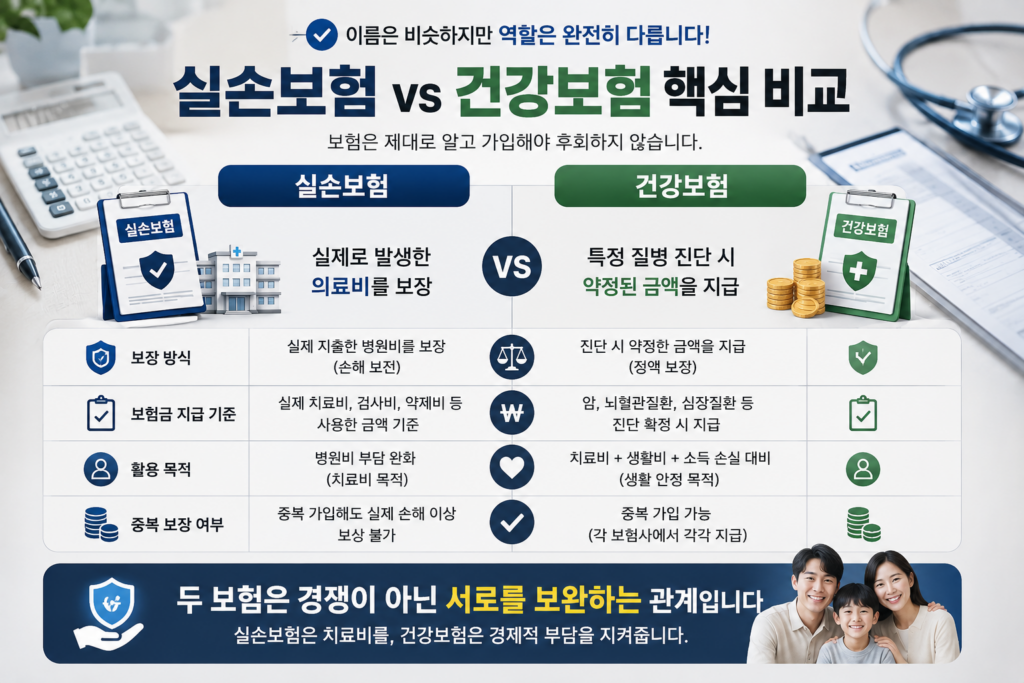 실손보험과 건강보험의 핵심 차이를 비교하는 현대적인 보험 인포그래픽 이미지. 병원, 보험증권, 의료 아이콘, 계산기와 함께 실손보험의 실제 의료비 보장과 건강보험의 정액 보장 개념을 표 형식으로 비교하여 보여주며, 가족 보호의 중요성을 강조한 실사형 보험 콘텐츠.