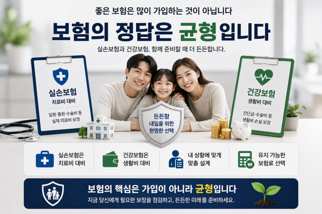 실손보험과 건강보험을 균형 있게 준비하는 중요성을 설명하는 현대적인 보험 인포그래픽 이미지. 행복한 가족이 중앙에 배치되어 있으며, 실손보험은 치료비 대비, 건강보험은 생활비 대비를 의미하는 문서와 방패, 병원, 저금통 아이콘이 함께 표현된 실사형 보험 콘텐츠.