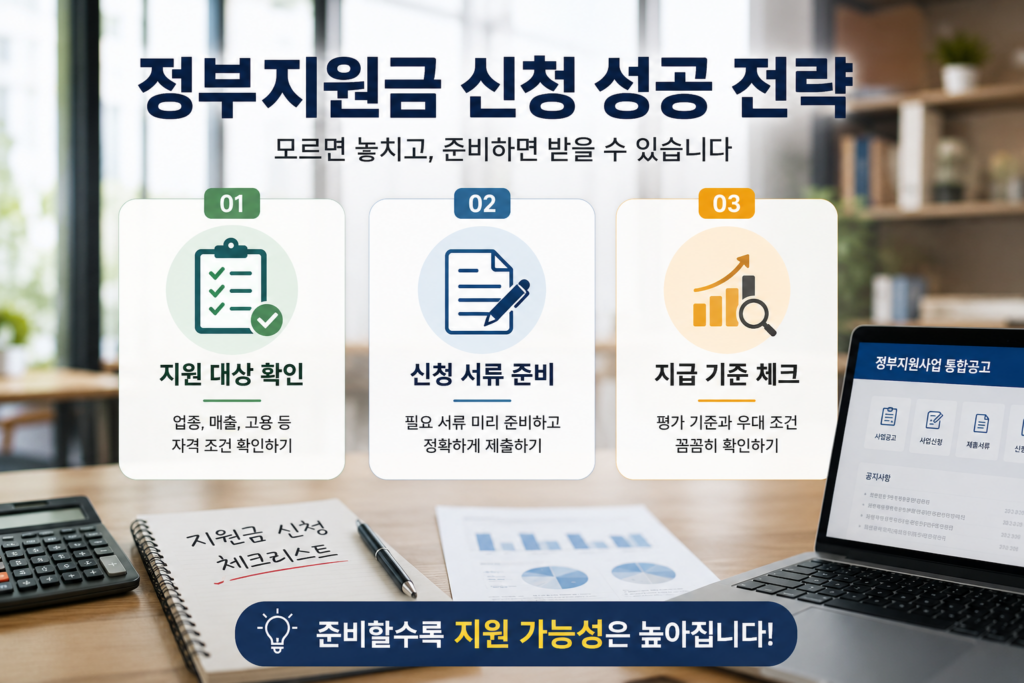 현대적인 사무실 책상 위에 노트북, 계산기, 서류가 놓여 있으며, 화면에는 정부지원금 신청 성공 전략으로 지원 대상 확인, 신청 서류 준비, 지급 기준 체크 과정이 단계별로 정리된 인포그래픽 이미지. 소상공인 정부지원금 신청 절차를 이해하기 쉽게 설명하는 정책 정보 콘텐츠입니다.